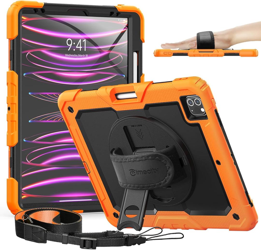 Timecity iPad Pro 12.9 Case 6th/5th/4th/3rd Gen, 360 Rotating Stand, Pencil Holder & Wireless Charging, Shockproof with Screen Protector & Shoulder Strap - for Designers & Professionals - Orange