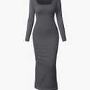 OQQ Women's Long Sleeve Maxi Dress Square Neck Ribbed Bodycon Lounge Soft Dresses, Small