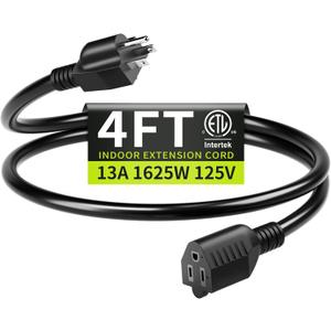 16/3 Black Extension Cord 4 FT, Indoor Extension Cord for Laptops, Coffee Makers, Office Home Appliances, 3 Prong Resistant Cable Flexible, 13A 125V 1625W ETL Listed