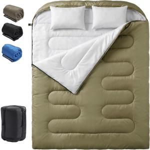 OLIXIS Double Sleeping Bag for Adults with Pillow, Lightweight Portable Queen 2 Person Sleeping Bag, Cold Weather Warm Zipper Sleep Bags for 3 Seasons Backpacking Camping Hiking Outdoor Adventure