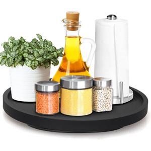 Black Wooden Lazy Susan Turntable Organizer Cabinet Round Bathroom Vanity Rotating Tray 10" Small Lazy Susans for Dining Table Top Kitchen Countertop Decor Tray Wood Lazy Susan Coffee Bar Accessories