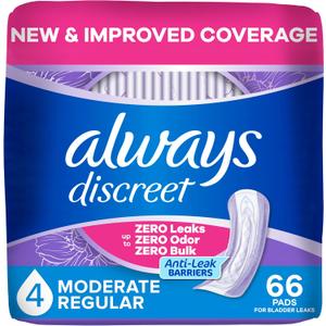 Always Discreet Adult Incontinence Pads for Women, Drier, 4 Drop Regular Length, Moderate Absorbency, Pads for Bladder Control Management, Bladder Leaks, & Postpartum Pads, 66ct