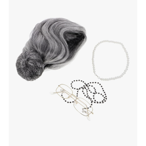 Old Lady Costume Set Wig Glasses Necklace Eyeglass Chain for Halloween Themed Parties and Stage Plays Versatile Elderly Character Dress up