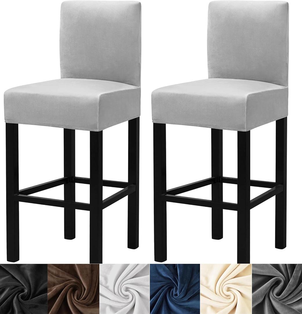 HFCNMY Bar Stool Covers,2 Pack Stretch Bar Stool Covers with Backs Velvet Bar Stool Covers Barstool Seat Cover Washable Bar Chair Covers High Chair Cover with Elastic Bands Light Gray