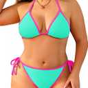 Tempt Me Women Aqua Plus Size Triangle Bikini Sets String Two Piece Halter Swimsuits with Tie Side Bottom, Size: 14 Plus