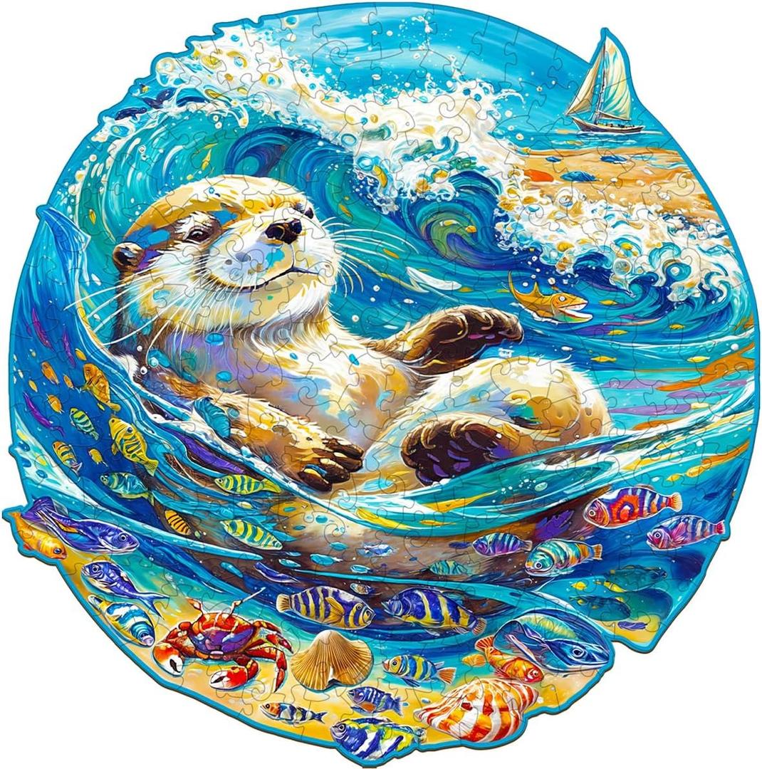 Jigfoxy Wooden Puzzle for Adults, Leisurely Otter Wooden Jigsaw Puzzles for Adult, Unique Animal Shape Wood Cut Puzzles, Christmas Thanksgiving Gifts for Friends Family (L-13.4 * 13.3in-300pcs)