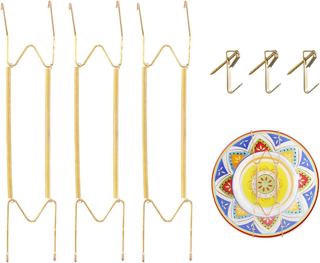 7 Pieces Plate Hangers for Wall 16-20 Inch, Stainless Steel Invisible Wire Decorative Plate Hanger Adjustable and Stretchable,with Metal Hooks for Wall Displaying Plates Decorative & Arts(Gold)