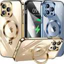 [CD Ring Compatible with MagSafe Invisible Stand] Magnetic for iPhone 15 Pro Case, [Electroplated Bumper Non-Yellowing][Look as Bare iPhone] Slim Clear Case with Holder for Women Men Girls (Gold)