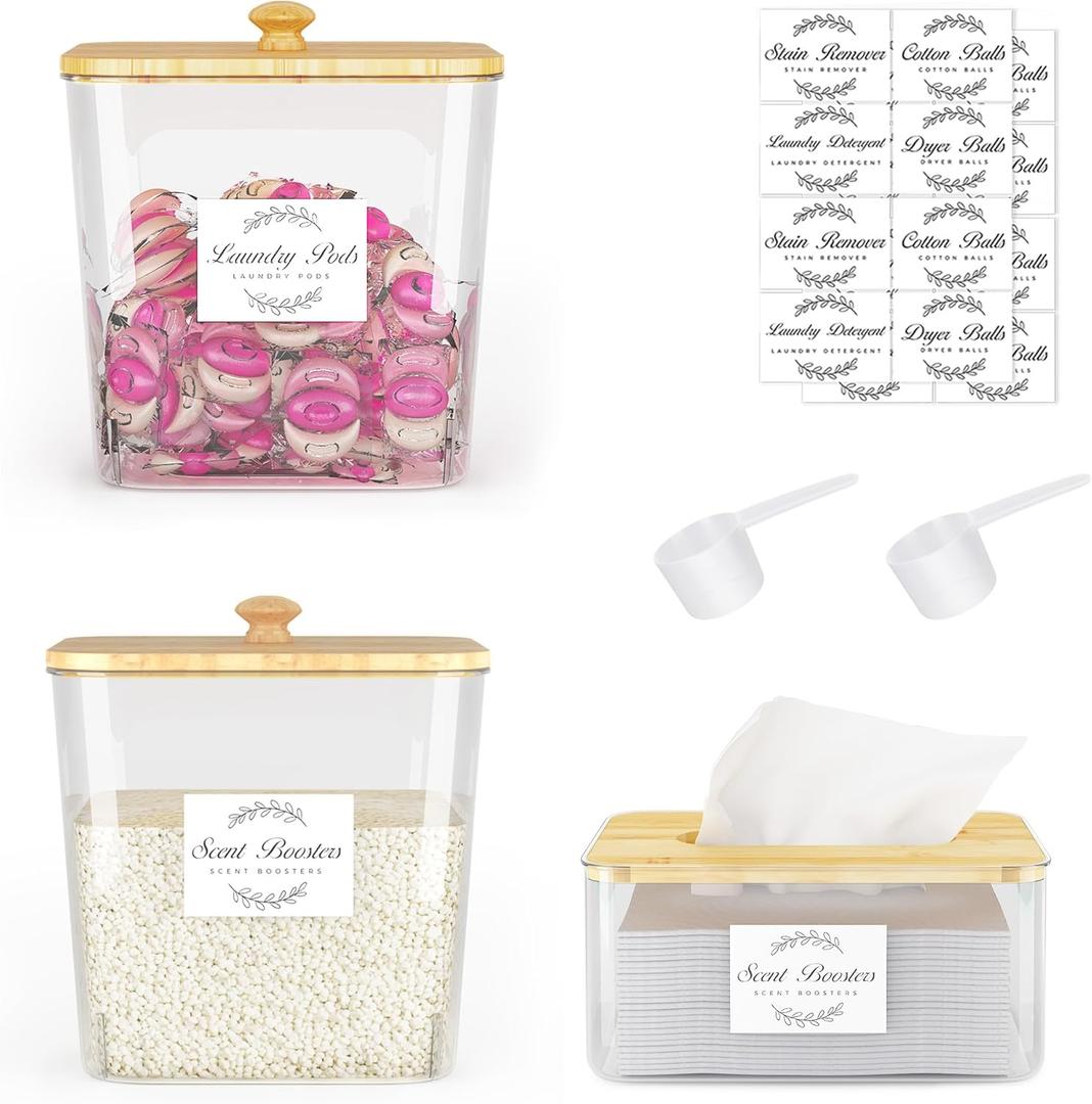 Laundry Room Organization and Storage, Laundry Pods Container and Dryer Sheet Holder with Bamboo Lids and Labels, Laundry Organizer with Scoops for Booster Beads, Powder, Pods, 2+1 Pack