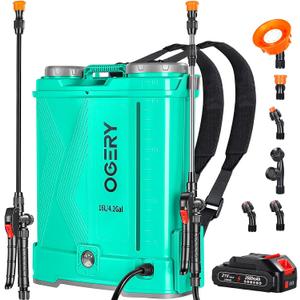 OGERY Battery Powered Backpack Sprayer 4 Gallon, 2.6Ah 21V Battery Electric Pump Sprayer with 6 Nozzles, Telescopic Stainless Steel + Plastic Wand for Lawn Garden Weed Yard Cleaning (Charger Included)