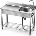 LAFATI Stainless Steel Utility Sink, 304 SUS Free Standing Kitchen Sink Single Bowl With Large Work Station Cold and Hot Water Pipe Undershelf Faucet Drainboard (39 Inch Right Bowl)