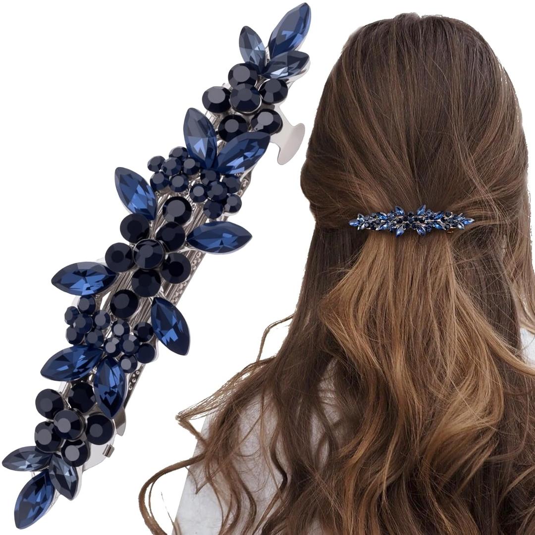 Joez Wonderful Rhinestone Hair Clip Sparkly Crystal Barrettes French Wedding Prom Engagement Pageant First Communion Hair Decorative Accessories for Women Bride Thick Long Hair (Blue, 1 Pcs)
