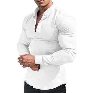 URRU Men's Muscle Dress Shirts Slim Fit Stretch Long&Short Sleeve Casual Button Down Shirt (Large)