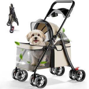 GTPLAYER Foldable Pet Stroller for Small Dogs and Cats, Holds Up to 33 lb, 4-Wheel Stroller with 2 Safety Tethers, Breathable Mesh, Lockable Front Wheels, Cup Holder/Tray & Storage Pocket, Cream