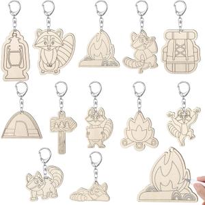 RattanView 24 Pcs Camp Craft Color Your Own Keychains DIY Craft Wooden Blank Keychains for Sunday School Classroom Home Active Party Favors Gifts, 12 Styles
