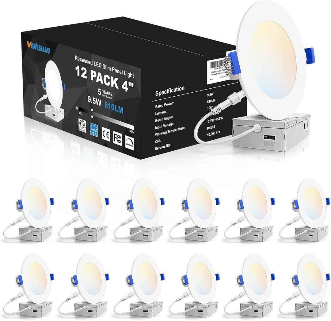 VOLISUN 12 Pack 4 inch Recessed Lighting, 5CCT LED Recessed Light with Junction Box, 2700K-5000K Selectable, 9.5W Eqv 80W, 810LM Dimmable Canless Wafer Downlight, LED Ceiling Light ETL Certificated (White)