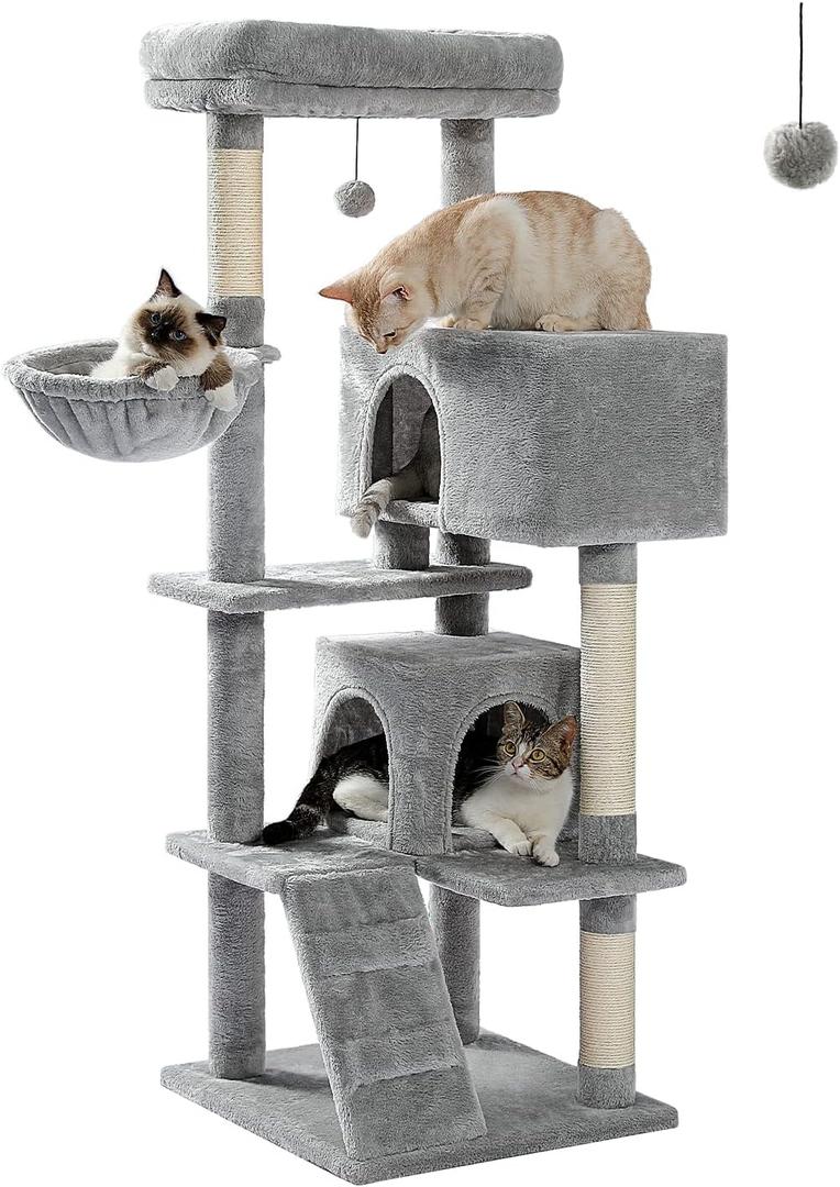 PEQULTI 56.3'' Cat Tree for Large Cats with Super Large Top Perch, Tower for Indoor Cats with Hammock and Sleeping Bag, Cat Shelves with Scratching Posts and 2 Condos Houses Grey