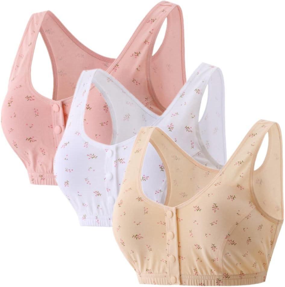 3Pack Middle-Aged Elder Woman Floral Wirefree Bra Front Button Closeure Soft Cotton Bra for Mom Grandma Gift 36B