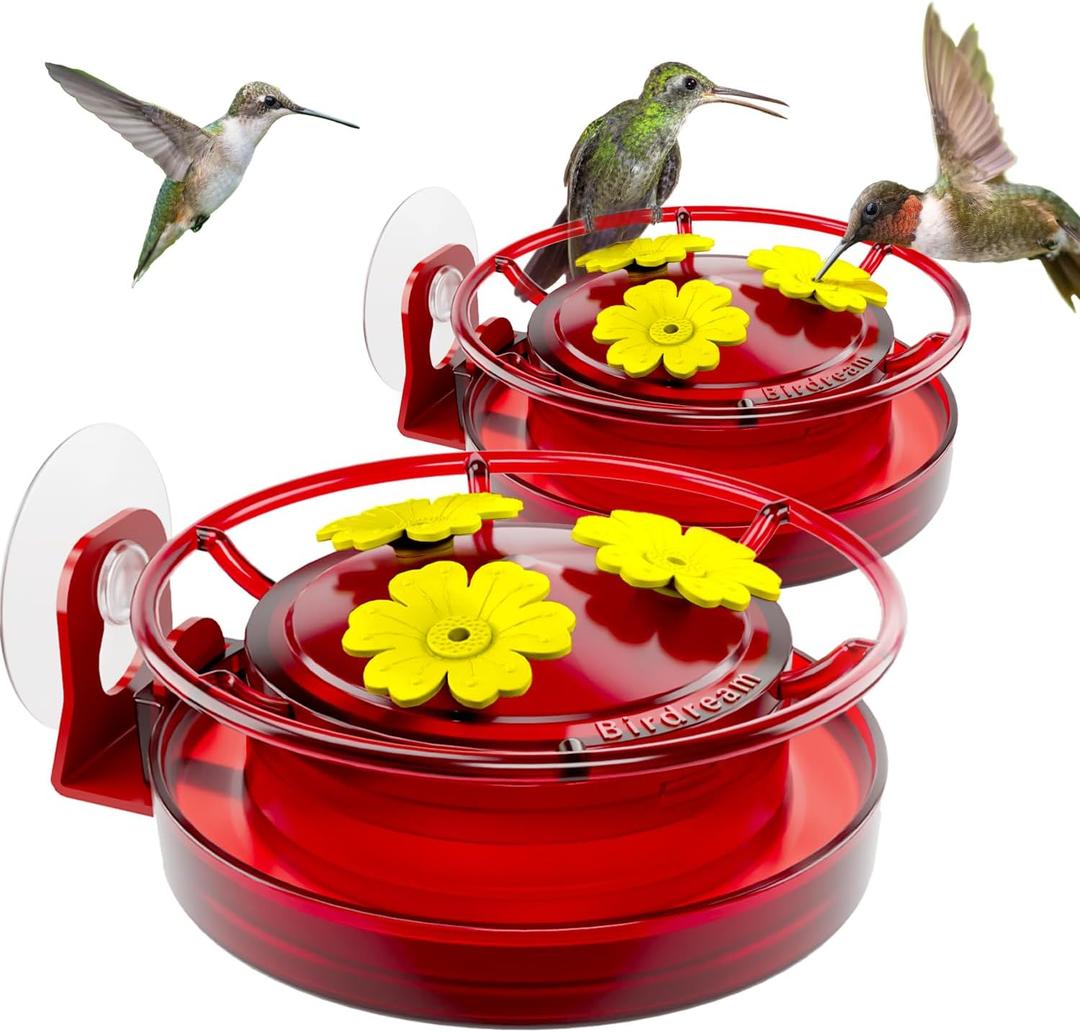 Birdream Window Hummingbird Feeder, 5oz Small Plastic Nectar Holder with Ant Moat, 3 Feeding Ports, Compact Window-Mounted Hummingbird Feeder for Outdoors, 2 Pack