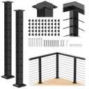 35" Stainless Steel Corner Cable Railing Post 2 Pack, Black Top Mount Corner Line Post with Grommets for Deck Railing Systems, Indoor & Outdoor Use, MY08-C