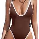 ESONLAR Women's Sexy Plunging V Neck Bathing Suit Open Back One Piece Swimsuits (Medium, Brown and White)