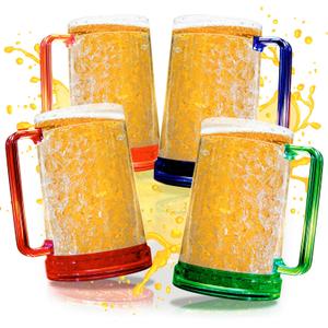 Beer Mugs with Gel Freezer 16 oz, Double Walled Beer Mugs with Handles, Color Handles, Set Of 4