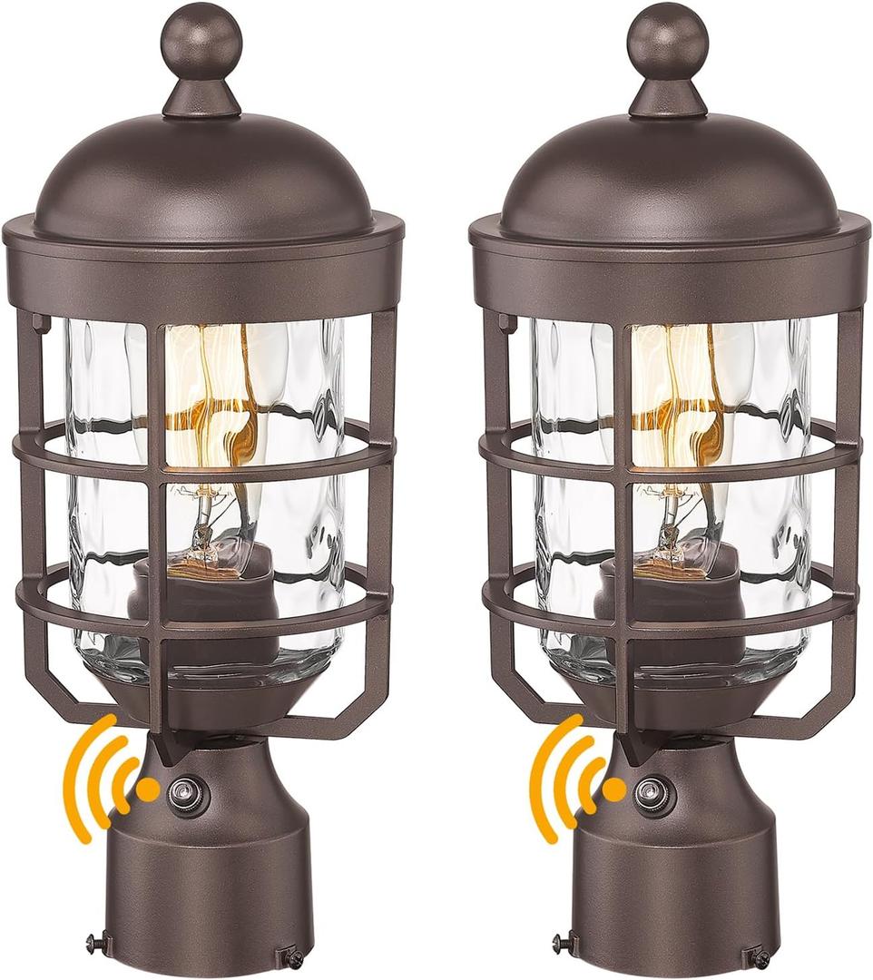 Outdoor Post Lights Dusk to Dawn Lamp Post Light Fixture with Water Ripple Glass Industrial Lantern Cage, Outdoor Pole Lights Pillar Light Posts for Outside Yard Garden, Set of 2