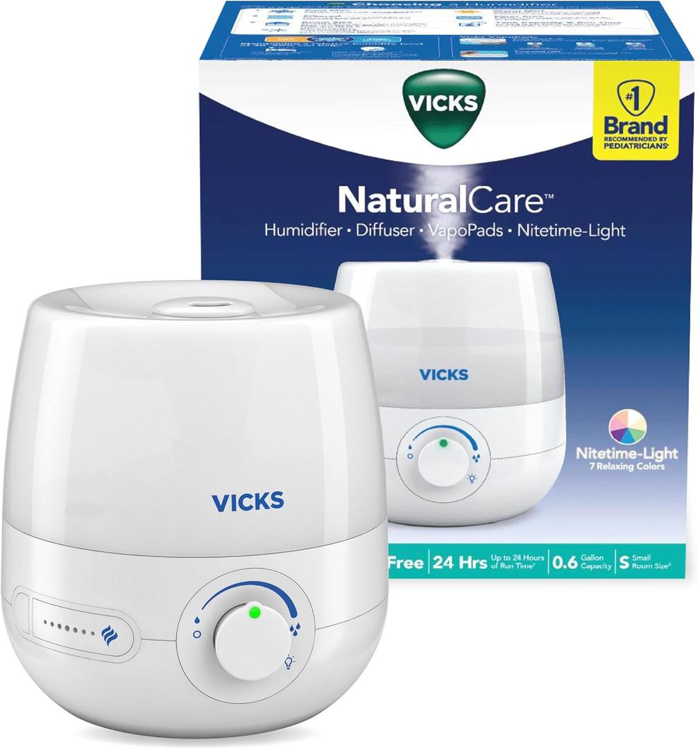 Vicks NaturalCare Cool Mist Ultrasonic Humidifier (VUL530), White, Small Room  Humidifier and Diffuser with Nighttime Light, Works with Vicks VapoPads