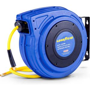 Goodyear Air Hose Reel Retractable 3/8" Inch x 65' Feet Premium Commercial Flex Hybrid Polymer Hose Max 300 Psi Heavy Duty Spring Driven Polypropylene Construction w/Lead-in Hose and PVC Handle (Blue)