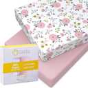 Mini Crib Sheet with Floral & Pink Pattern - 100% Organic Cotton Pack n Play Fitted Sheet - Premium Pack n Play Sheets - Compatible as Graco Pack n Play Sheet & Mini Crib Sheets - Pickle & Pumpkin