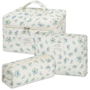 senbowe Floral Makeup Bag, 3 Pack Large Cotton Quilted Makeup Bag Set, Cute Floral Coquette Aesthetic Toiletry Bag Make Up Cosmetic Bag for Women, Toiletry Travel Make Up Organizer Bag (Blue-Green Flower)