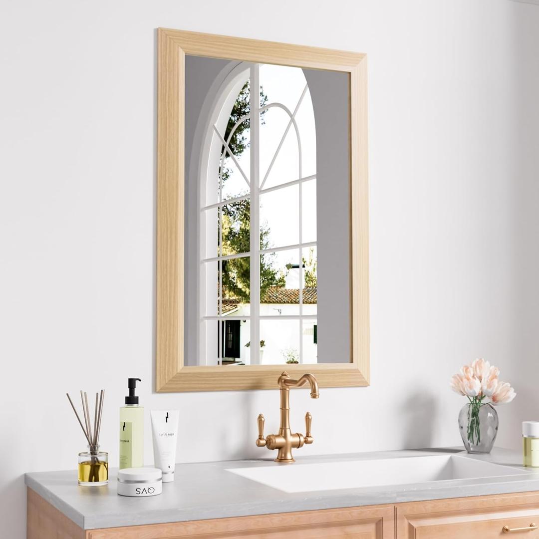 Amorho Bathroom Mirror for Wall, 20X30 Inch Oak Wood Grain Metal Framed Mirror, Anti-Rust, Hang Horizontally/Vertically, Suitable for Bedroom, Farmhouse, Bathroom, Decorative