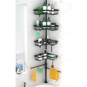 DAOYA Shower Caddy Tension Pole Corner with 4 Removable Baskets & 2 Towel Bar - Expandable Shower Caddy Corner Adjustable 25-114.2 Inches Upgraded Bath Organizer for Tub(Stainless Steel, Black)