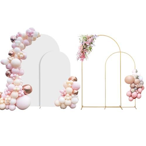 SuuWoee Arch Backdrop Stand Set of 2 With Cover (7.2FT+6FT) Gold Metal Wedding Arch Balloon Stand With Cover for Birthday Party Baby Shower Graduation Ceremony Decoration
