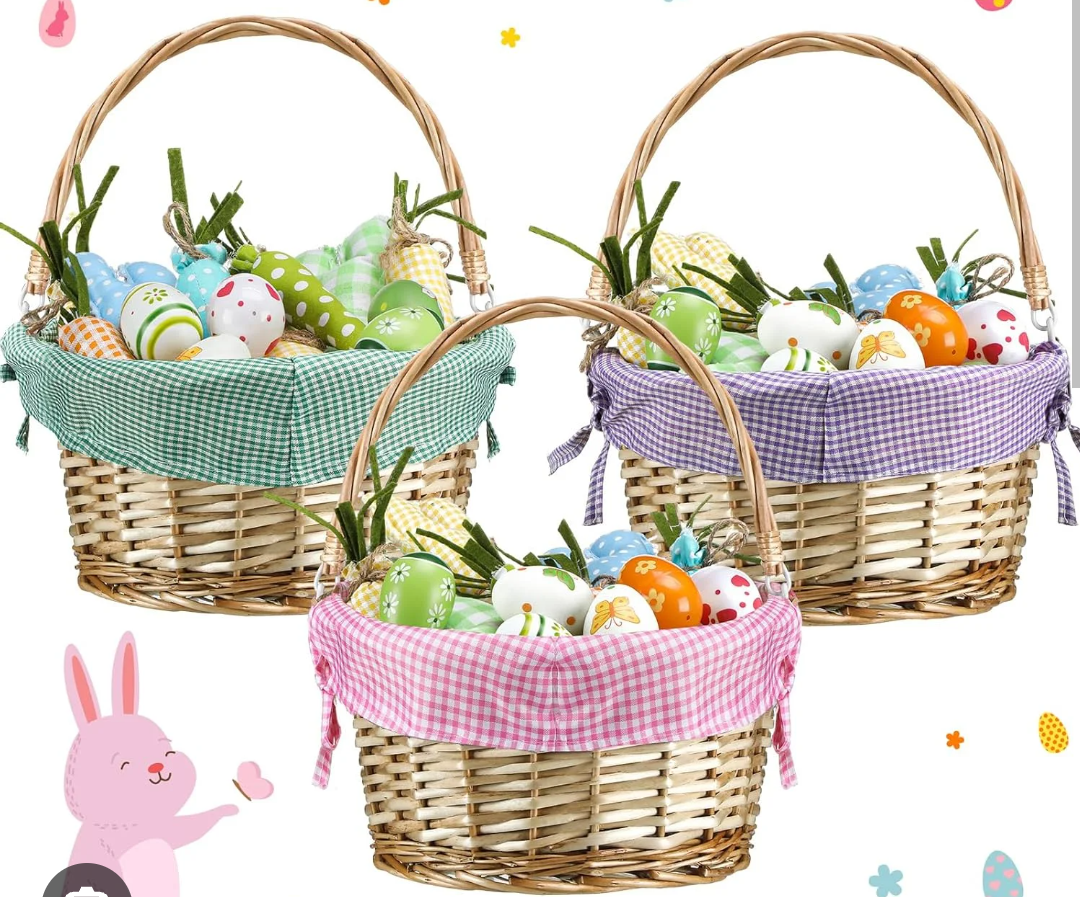 Hushee 3 Pack Willow Easter Basket with Folding Handle Empty Round Woven Easter Basket with Assorted Colors Plaid Liners for Gift Toys Storage Book Adult Boys Girls Bedroom Office