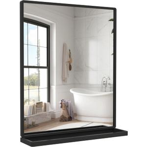 Bathroom Mirror with Shelf, Black Rectangle Wall Mirror Metal Frame, Hanging Horizontal or Vertical (24'' X 20'')