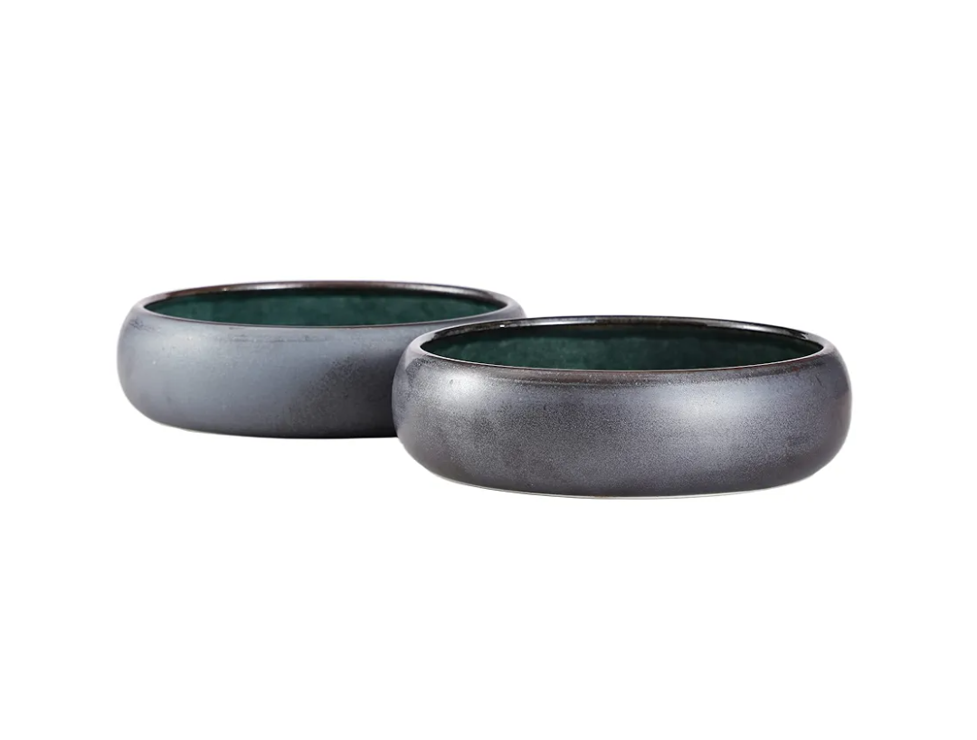 Uaral Black Salad Bowl Set 18 Ounce Ceramic Bowls for Appetizer Pasta,6.5inch Serving Bowls,Set of 2(Black Texture&Blue)