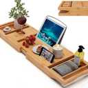 Bamboo Bathtub Caddy Tray Expandable for Luxury Bath, Bath Accessories & Table with Wine Glass Holder, Book Stand Bathroom Organizer with Extending Sides for Men/Women,Natural