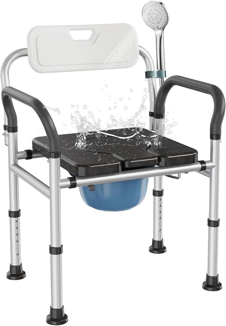 Heavy Duty Bedside Commode Chair with Adjustable Height, Raised Toilet Seat with Arms Handles and Back Support for Elderly, Portable Bedside Toilet with BucketWidth 19.69")