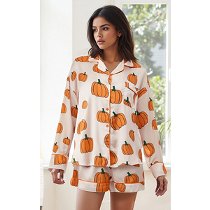MBZJSDKHLK Women's Halloween Pajamas Set Silk Satin Ghost Pumpkin Print Long Sleeve Button Down Shirt 2 Piece Pjs Shorts Sets, Large