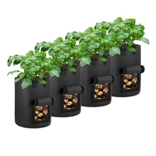 OPPOLIFE 4-Pack 10 Gallon Potato Grow Bags with Flap Window, Heavy Duty Aeration Fabric Pots with Handles for Garden and Planting(Black)