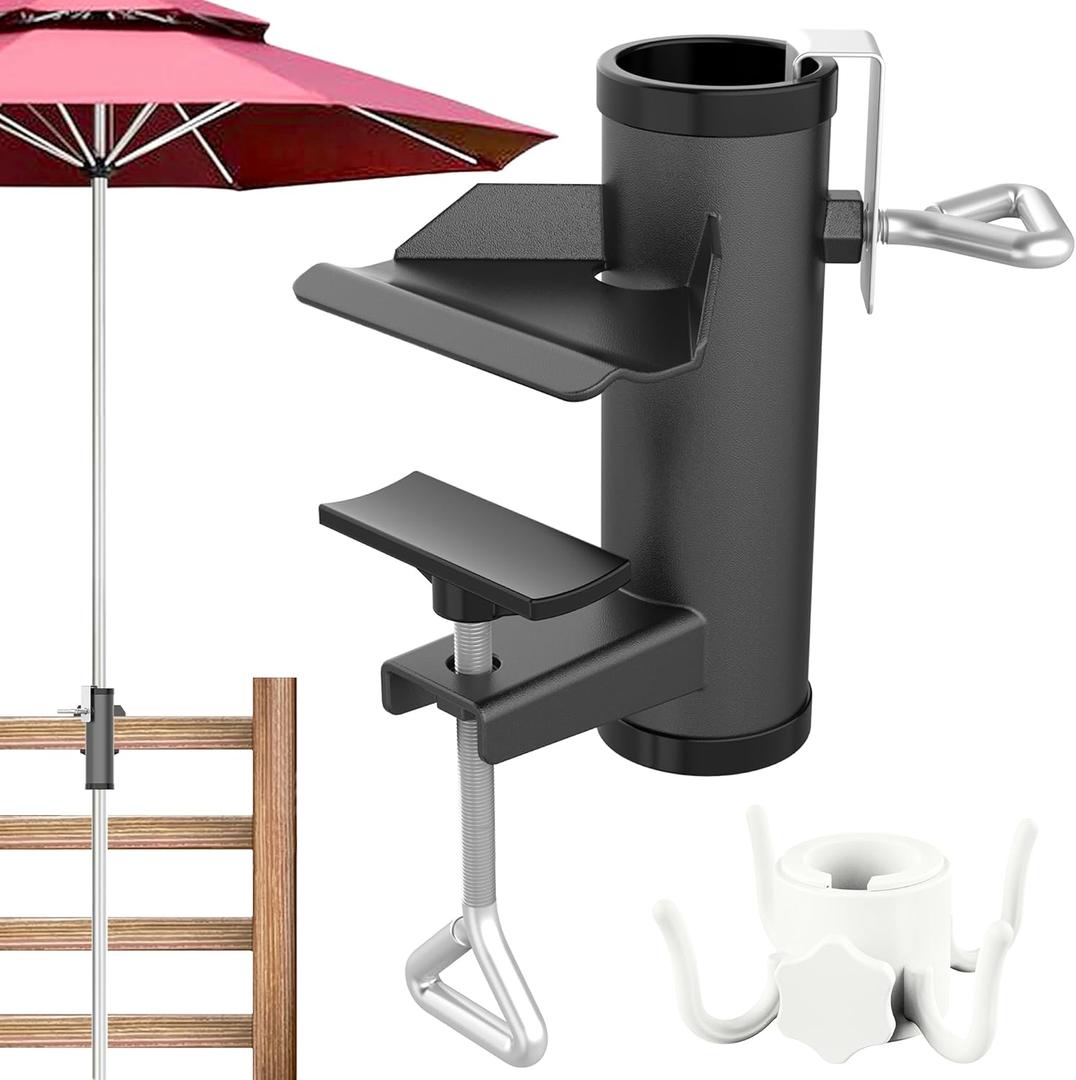 Outdoor Umbrella Clamp, Stainless Steel Umbrella Holder, Adjustable Deck Umbrella Mount with Umbrella Hook Accessory Mount for Picnic Table, Bleachers, Railing (Black)