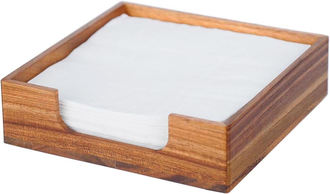 Acacia Napkin Holder for Table, 7" x 7" Wooden Napkin Dispenser, 4 Non Slip Pads, Luncheon Paper Napkins, Farmhouse Flat Square Napkin Holder, Bar Hotel Servilletero Home Kitchen Dining Tabletop Decor