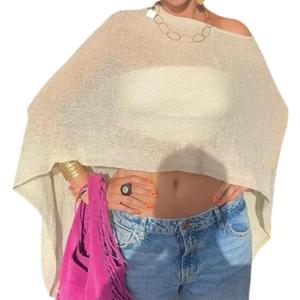 Women Sheer Poncho Top Lightweight Knit Crochet Shrug Bolero Mesh Batwing Sleeve Sweater Cover Up Beachwear (One Size)