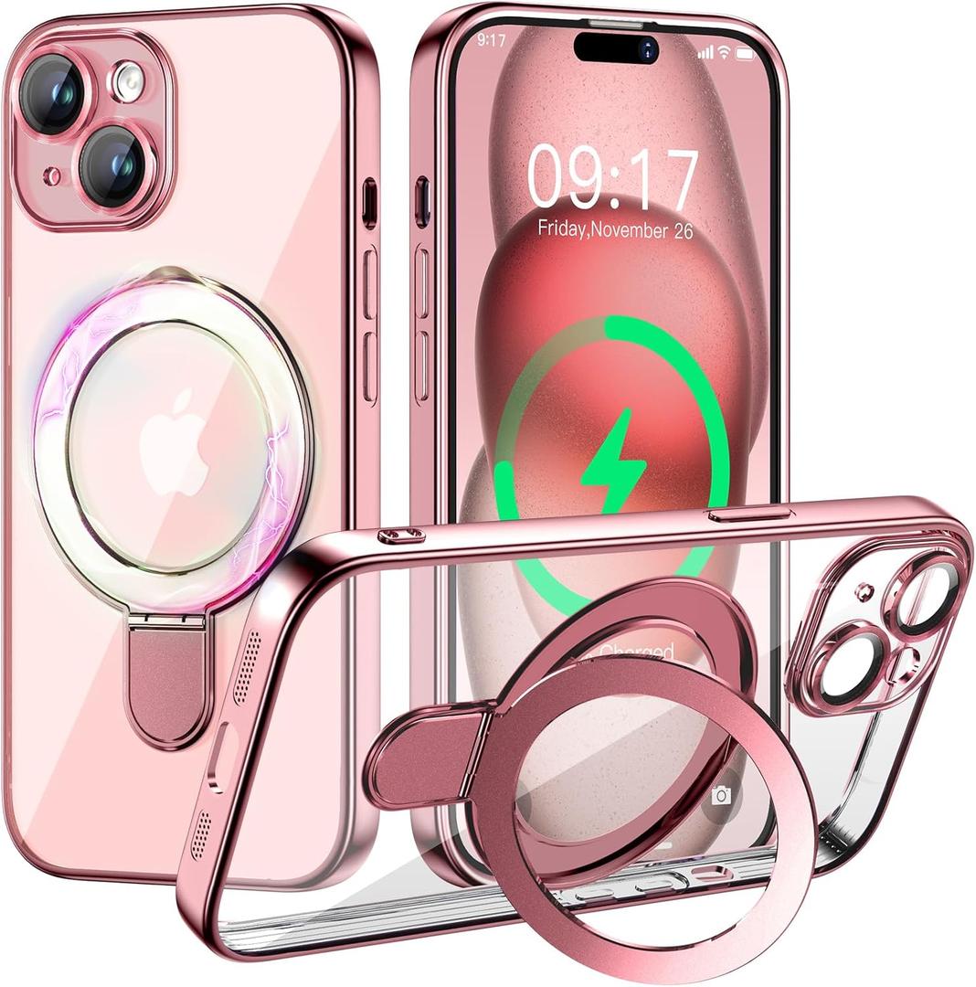 Magnetic for iPhone 15 Case with Invisible Stand[Compatible with MagSafe][Full Camera Lens Protector][Military Drop Protection] Shockproof Not Yellowing Clear Slim Soft for Women Men, Pink