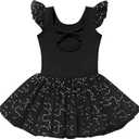 Kid Girls Classic Ruffle Sleeve Ballet Skirted Leotard Shiny Dance Tutu Dresses Ballerina Costume (Black)