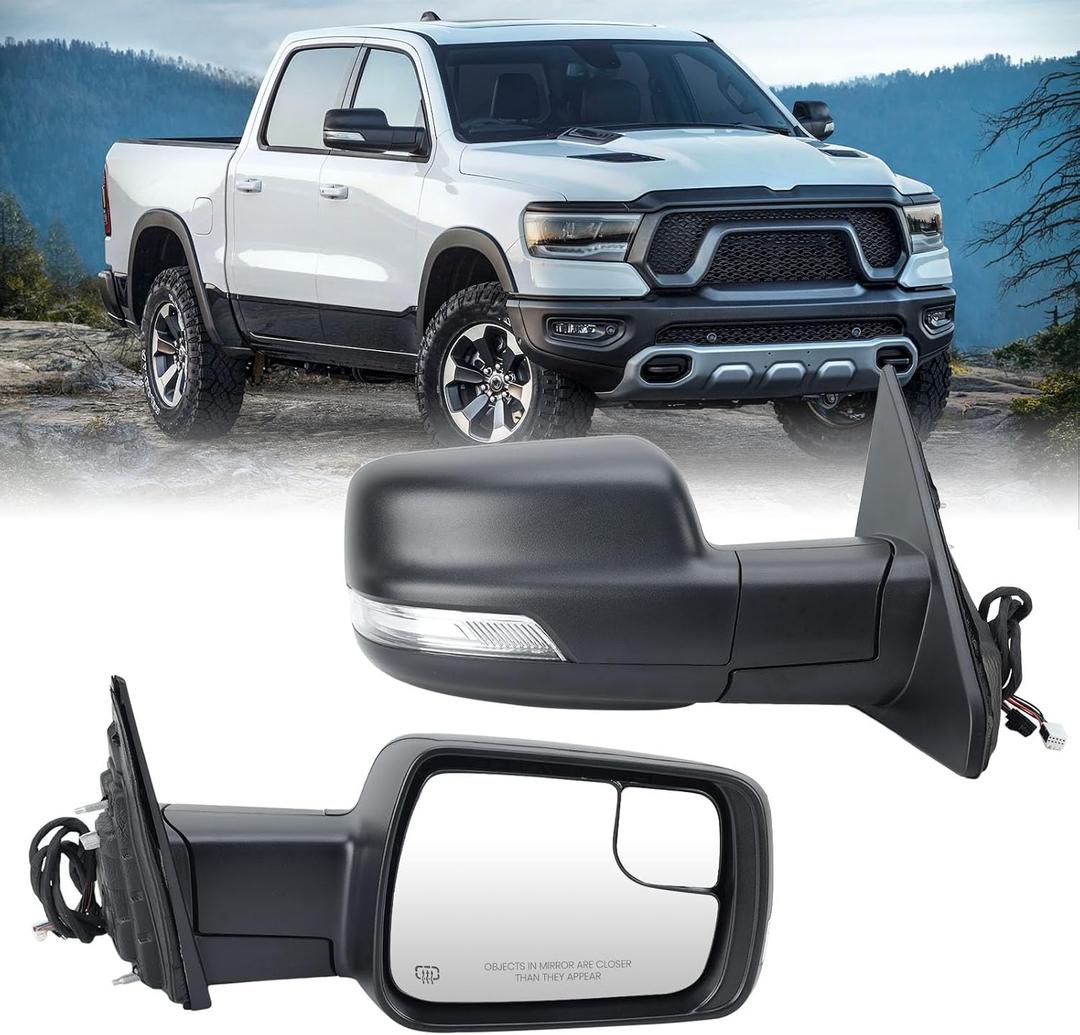Passenger Side Mirror For 2019 2020 2021 2022 2023 2024 Ram 1500 Mirrors with Heated Power Folding Power Glass Turn Signal Puddle Lights Black Replace 68276500AH (R-10 Pins, Textured)
