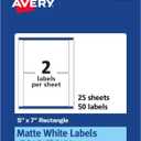 Avery Matte White Rectangle Labels, Sure Feed Technology, 5" x 7", 50 Matte White Printable Labels