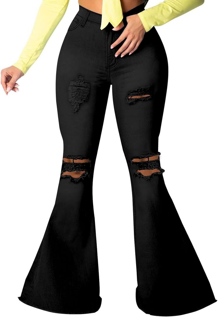 70s Bell Bottom Jeans for Women Elastic High Waisted Raw Hem Denim Pants Classic Vintage Flared Jeans (X-Large, Black)
