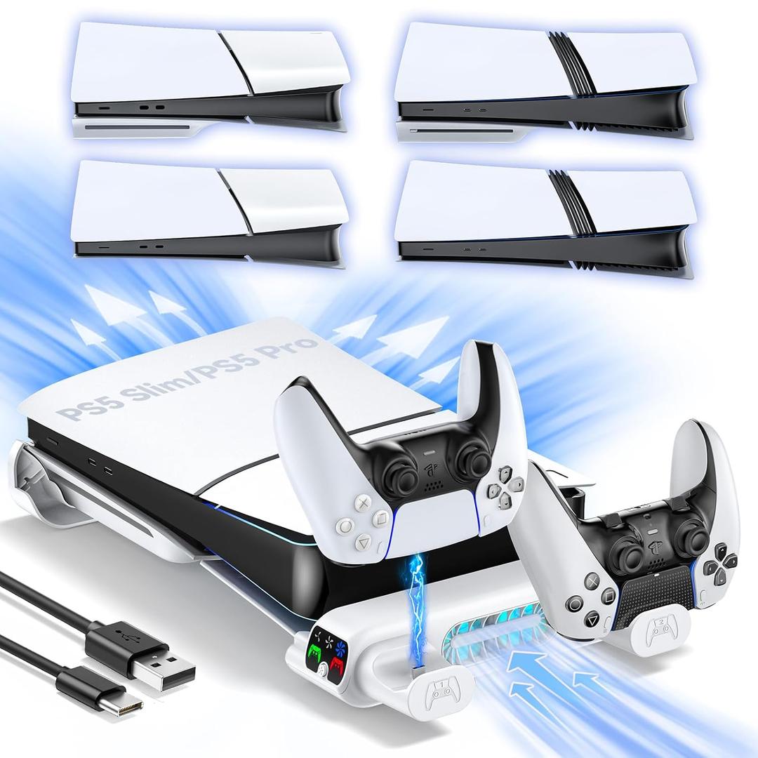 Tokluck PS5 Slim/Pro Horizontal Cooling Stand for Disc & Digital, Dual Controller Charger with 3-Level Cooling Fan, PS5 Stand for Pro & Slim Console (NOT Fit 2020 Regular Version)